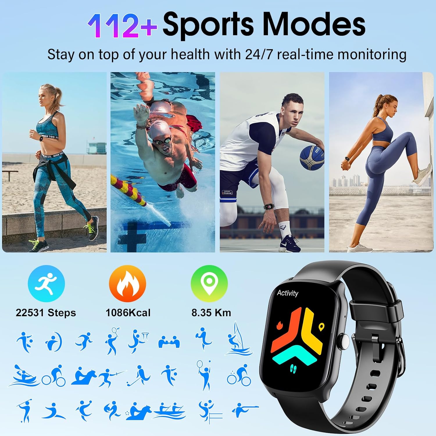 Smart Watch for Men Women, 1000mAh Battery 100-Day Standby Time, 1.85" HD Screen Fitness Tracker, 110+ Sport Modes, IP68 Waterproof, Heart Rate/Sleep Monitor, Fitness Watch for Android/iOS (Black) - Image 4