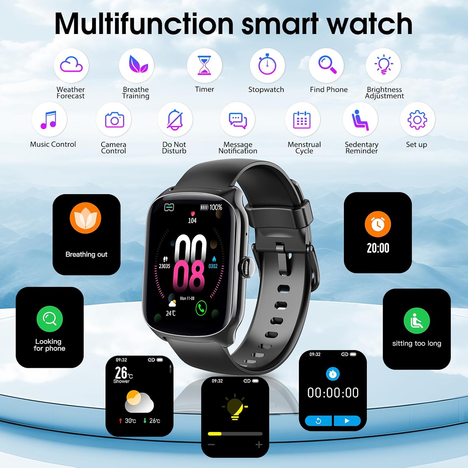Smart Watch for Men Women, 1000mAh Battery 100-Day Standby Time, 1.85" HD Screen Fitness Tracker, 110+ Sport Modes, IP68 Waterproof, Heart Rate/Sleep Monitor, Fitness Watch for Android/iOS (Black) - Image 7